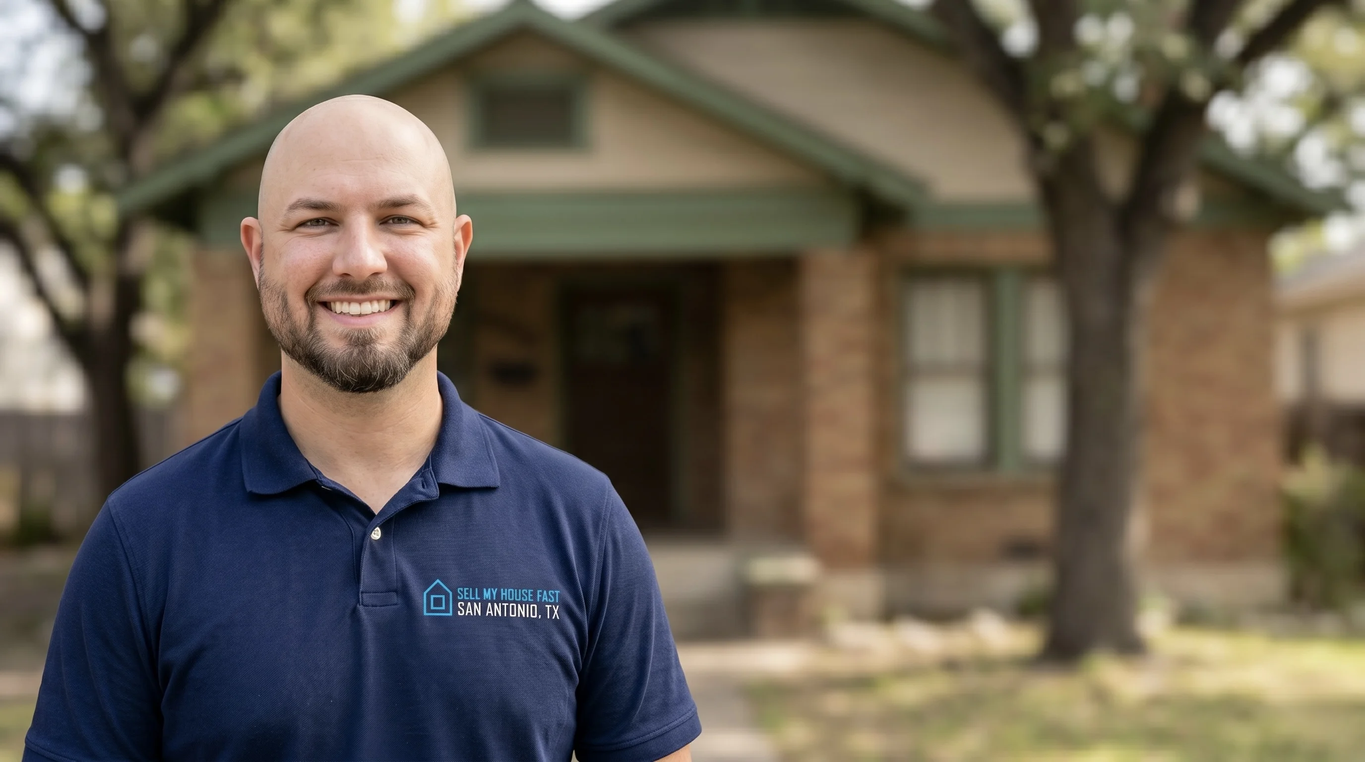 Daniel Cabrera, owner of Sell My House Fast SA TX, photographed in front of a recently purchased San Antonio home