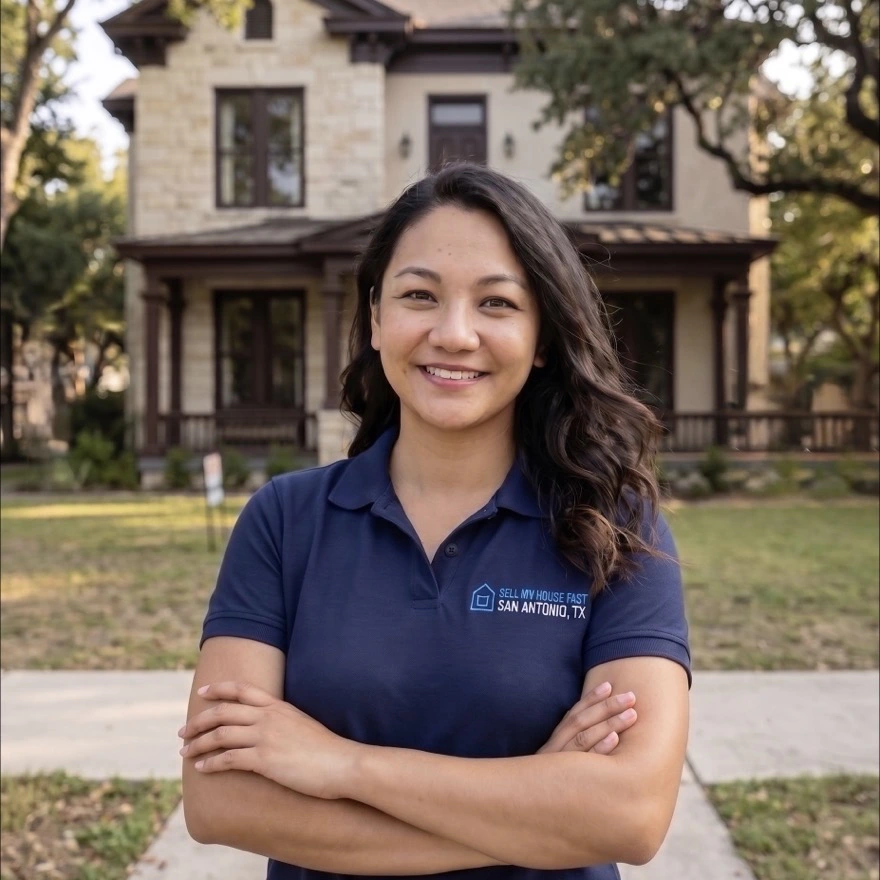 San Antonio home buyers — Regina Feir, office manager at Sell My House Fast SA TX, in front of a recently purchased San Antonio home