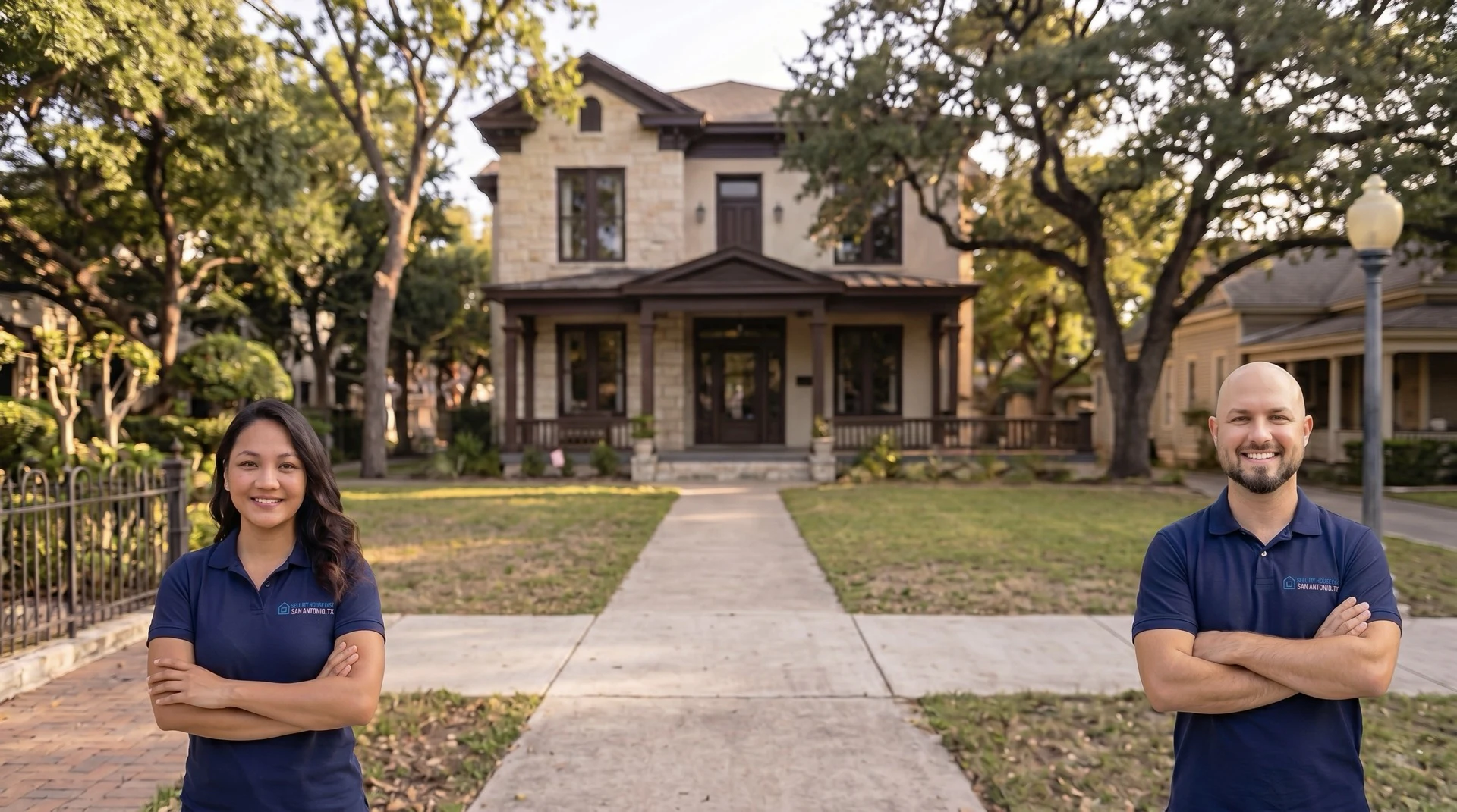 San Antonio home buyers — Daniel Cabrera and Regina Feir, the Sell My House Fast SA TX team, photographed in front of a recently purchased San Antonio home